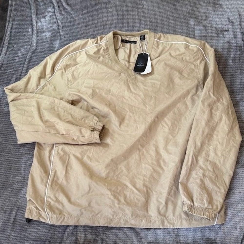 Greg Norman Mens XL V-Neck Golf Windshirt Tan Khaki Long Sleeve Pullover NWT
